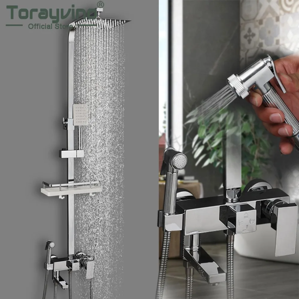 Torayvino Shower System Set Bathroom Showers Faucet 4 Function Height Adjust Mixer Crane Rotatable Spout Rainfall Shower Spray