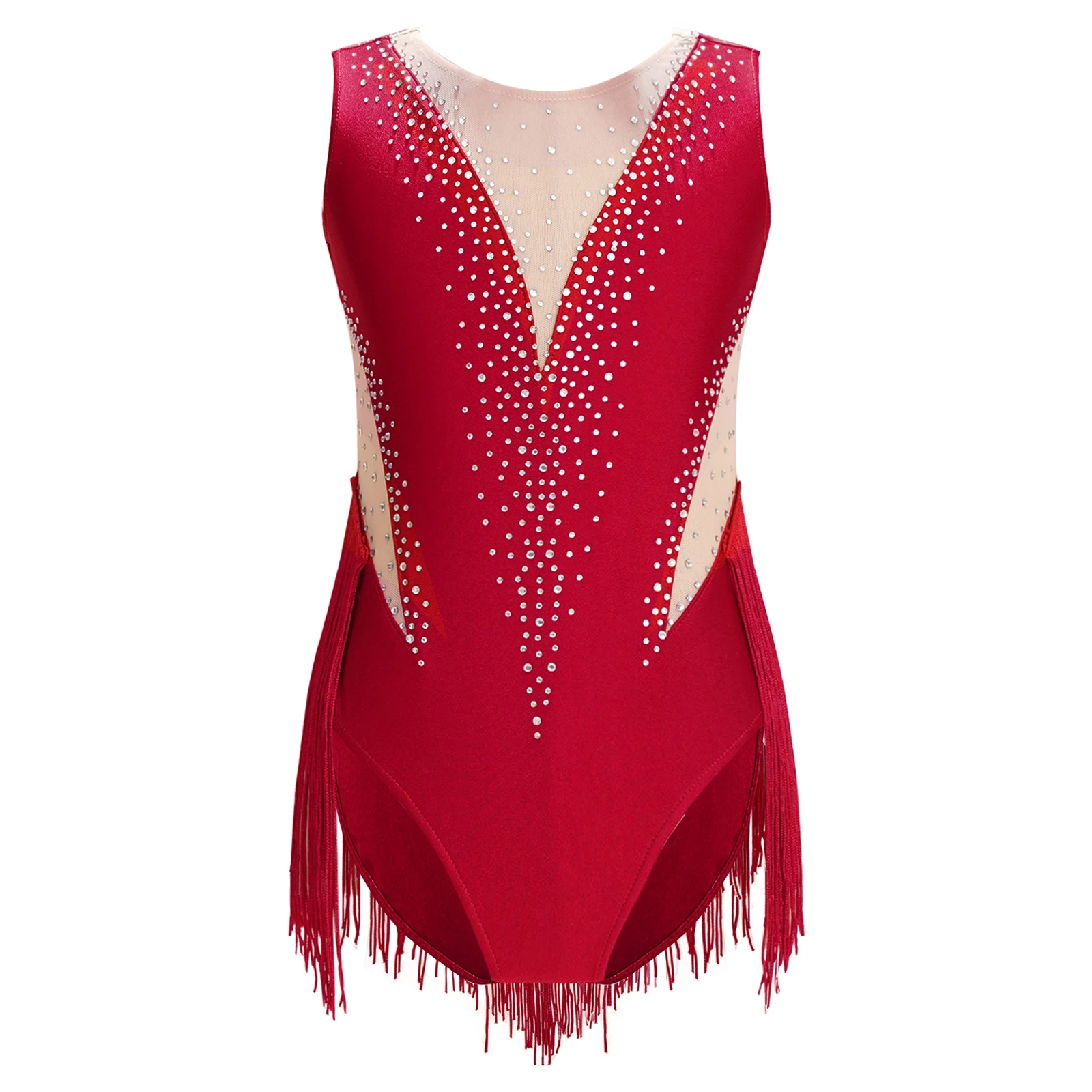 Kids Girls Latin Dance Figure Skating Performance Costume Shiny Rhinestone Fringed Leotard Sheer Mesh Patchwork Tassel Bodysuit