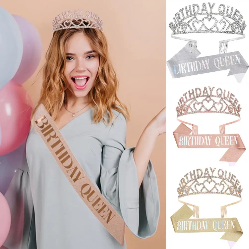 Birthday Queen Tiara Sash Set Rhinestone Cown Comb Happy Birthday Sash Festive Headwear Honor Champions Cordon For Party Decor