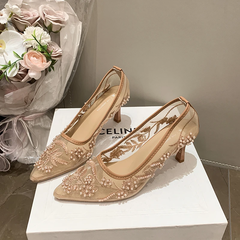 String Bead Mesh Embroider High Heels Women Sexy Pointed Toe Heeled Sandals Summer Elegant Luxury Designer Wedding Pumps Shoes view 6