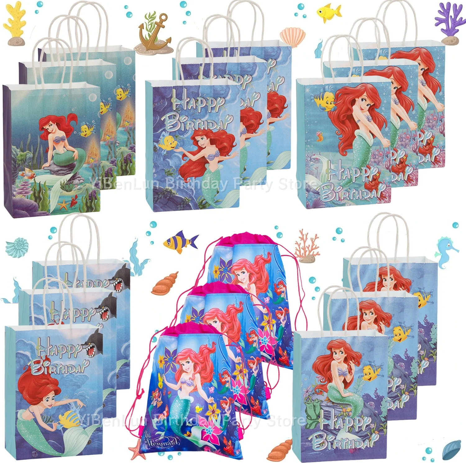 Mermaid Handle Kraft Gift Bag Birthday Decor Mermaid Paper Cookie Candy Gift Packaging Bag Baby Shower Girl Favor Party Supplies