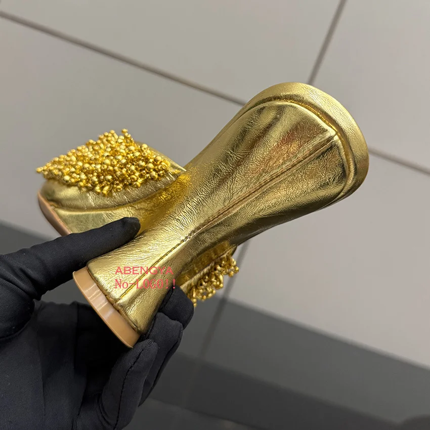 Summer Sexy Gold Silver Leather Wedge High Heels Slippers Women Open Toe Beaded Designer Crystal Party Wedding Shoes For Women view 3