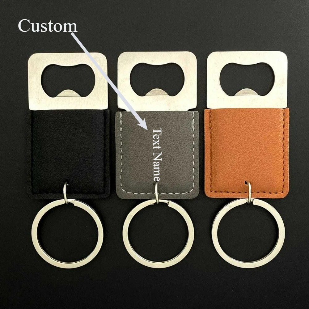 

Custom Text New Square Metal PU Leather Engravable Keyring Bottle Beer Opener Tool Portable Keychain Boyfriend Birthday Gift
