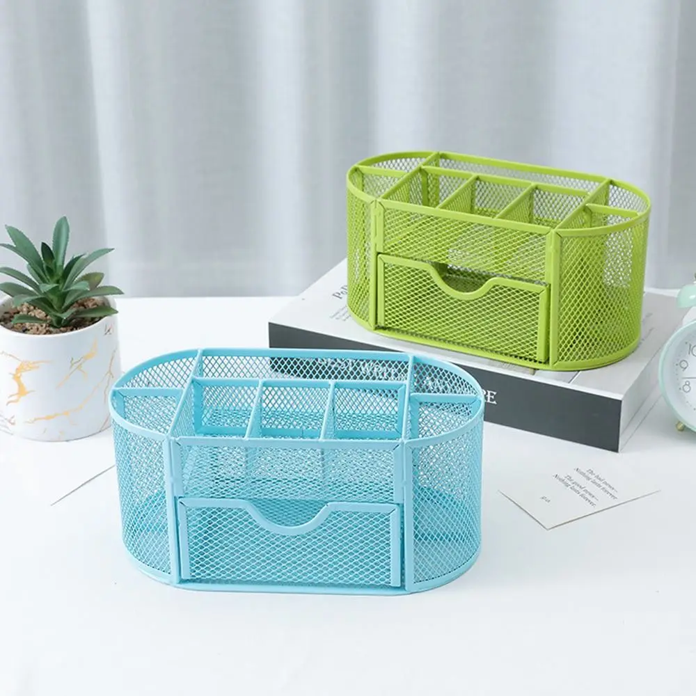 9-grid Storage Multi-Functional Desk Organizer Metal Mesh Pen Holder Stationery Container Box Office School Supplies