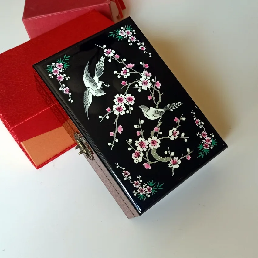 Lacquer Jewelry Storage Box Wooden Hand-painted with Lock Jewelry Box Creative Gifts Double Layer Jewelry Box Lacquer Craft