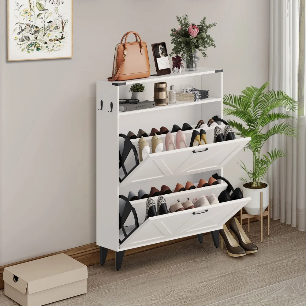 

Shoe Cabinet with 2 Flip Drawers Front Door Shoe Rack with Metal Legs and Adjustable Shelf Shoe Rack for Front Door Entrance