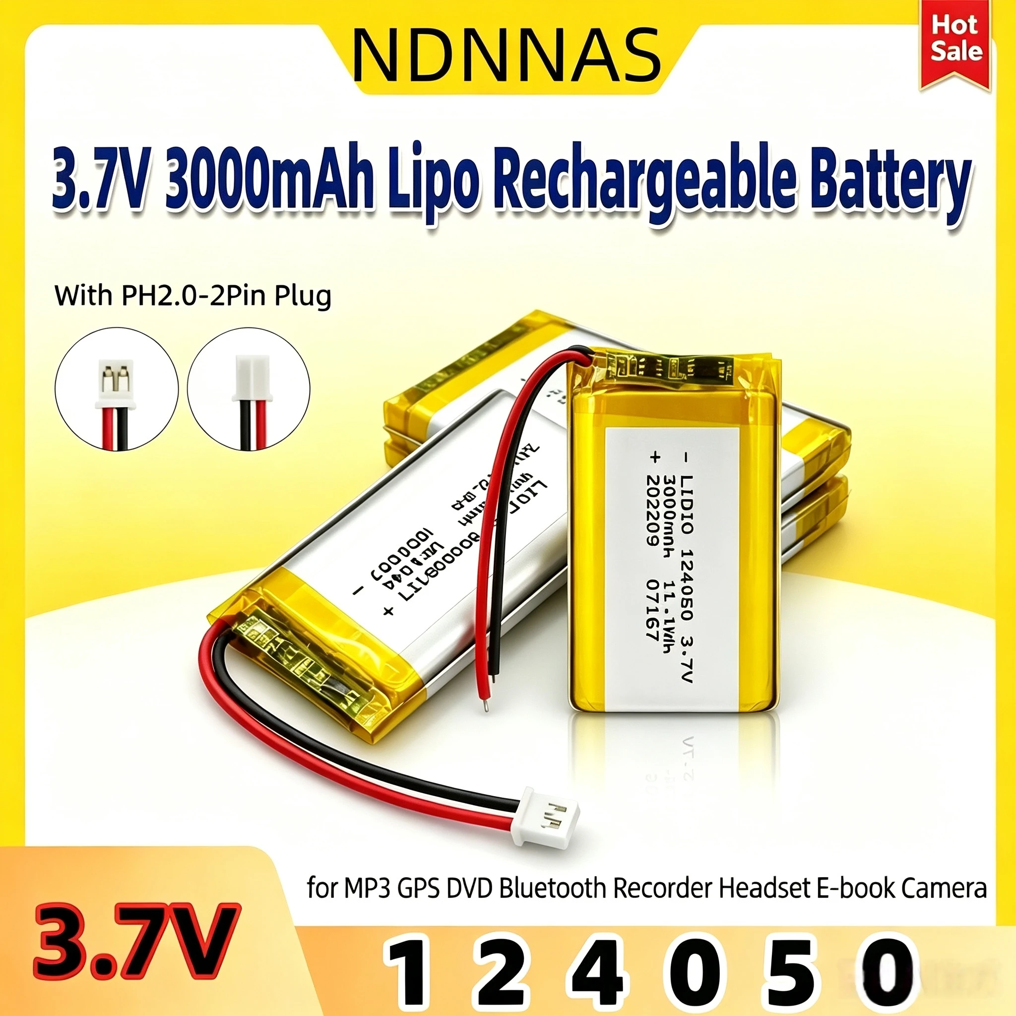124050 3.7V 3000mAh Polymer Lithium Rechargeable Battery For Camera GPS navigator Bluetooth Headset Walkie-talkie PH2.0 Plug