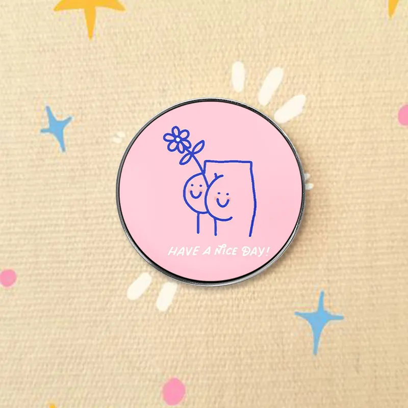 Cute Line Art UV Printing Badge Have A Nice Day Text And Flower Pin Kawaii Smiley Face Jewelry Metal Brooch For Teen Gift