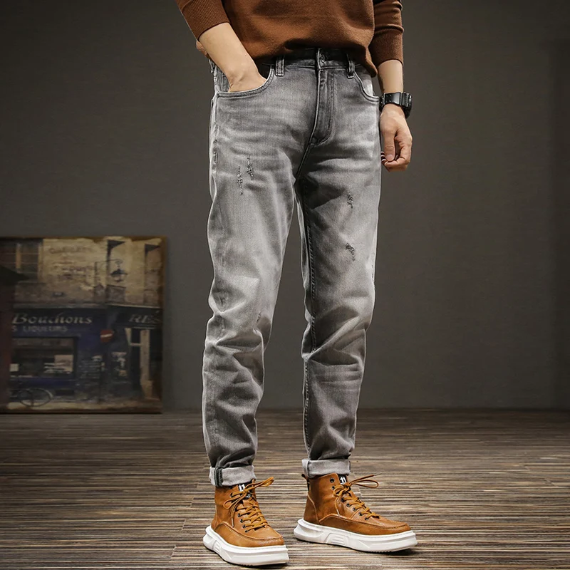 Newly Vintage Fashion Men Jeans High Quality Retro Gray Elastic Slim Fit Ripped Jeans Men Stretch Casual Designer Pants Hombre