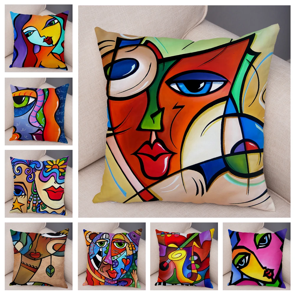 Home Decor Abstract Painting Cushion Cover Decoration Nordic Style Color Cartoon Girl Print Pillowcase Sofa Home 45x45cm