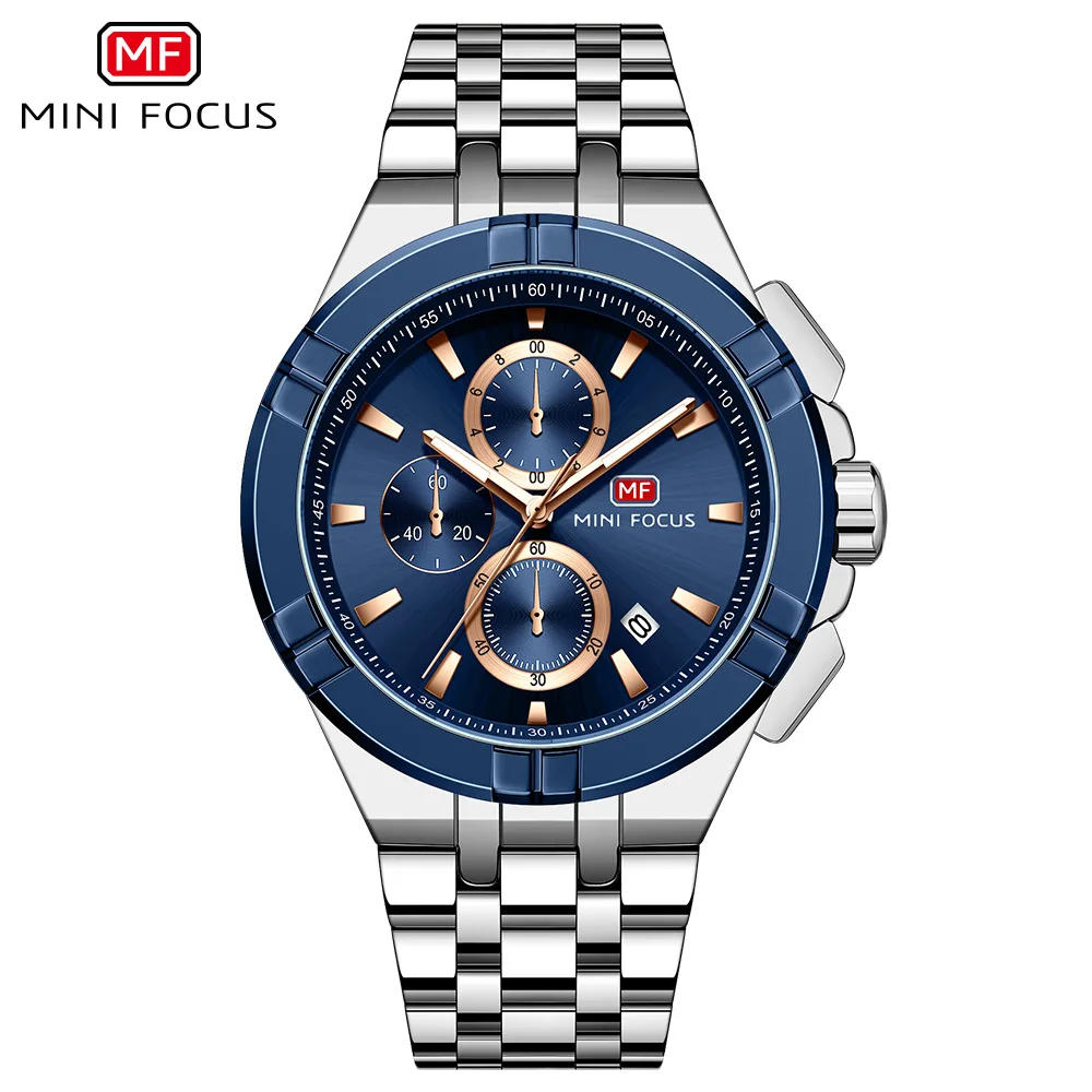 MINI FOCUS 0471 Men Quartz Watch Silvery Gold Stainless Steel Chronograph Date Luminous Waterproof Wristwatch for Male