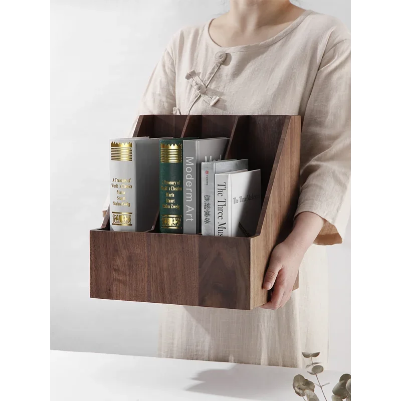 Japanese simple light luxury black walnut all solid wood desktop grid book file storage box student bookshelf gift