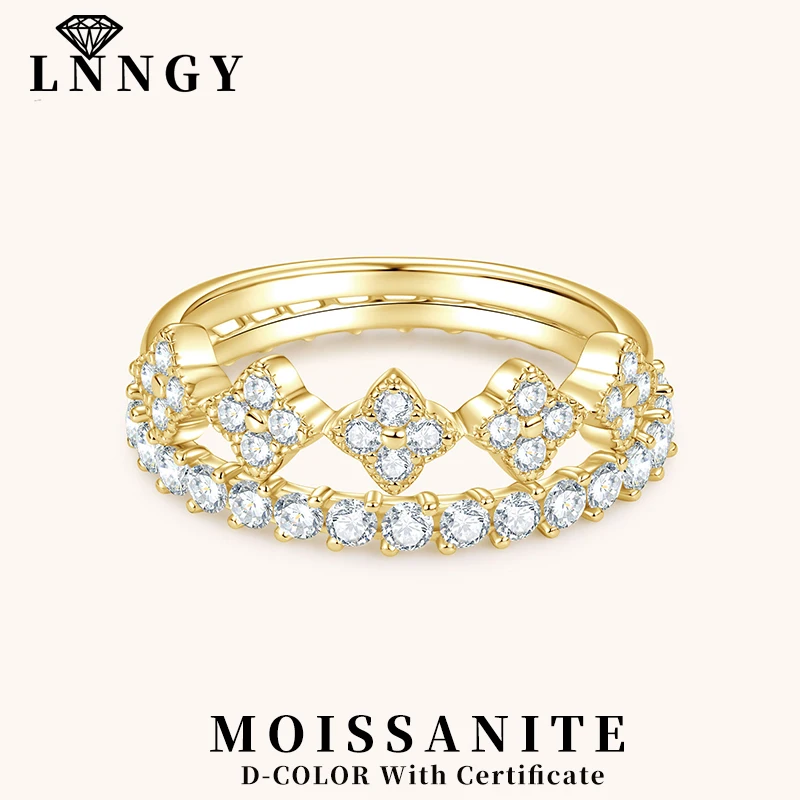 Lnngy Certified Moissanite Ring Set Bague Argent 925 Sterling Silver Four Leaf Flower Stackable Ring for Women Wedding Jewelry