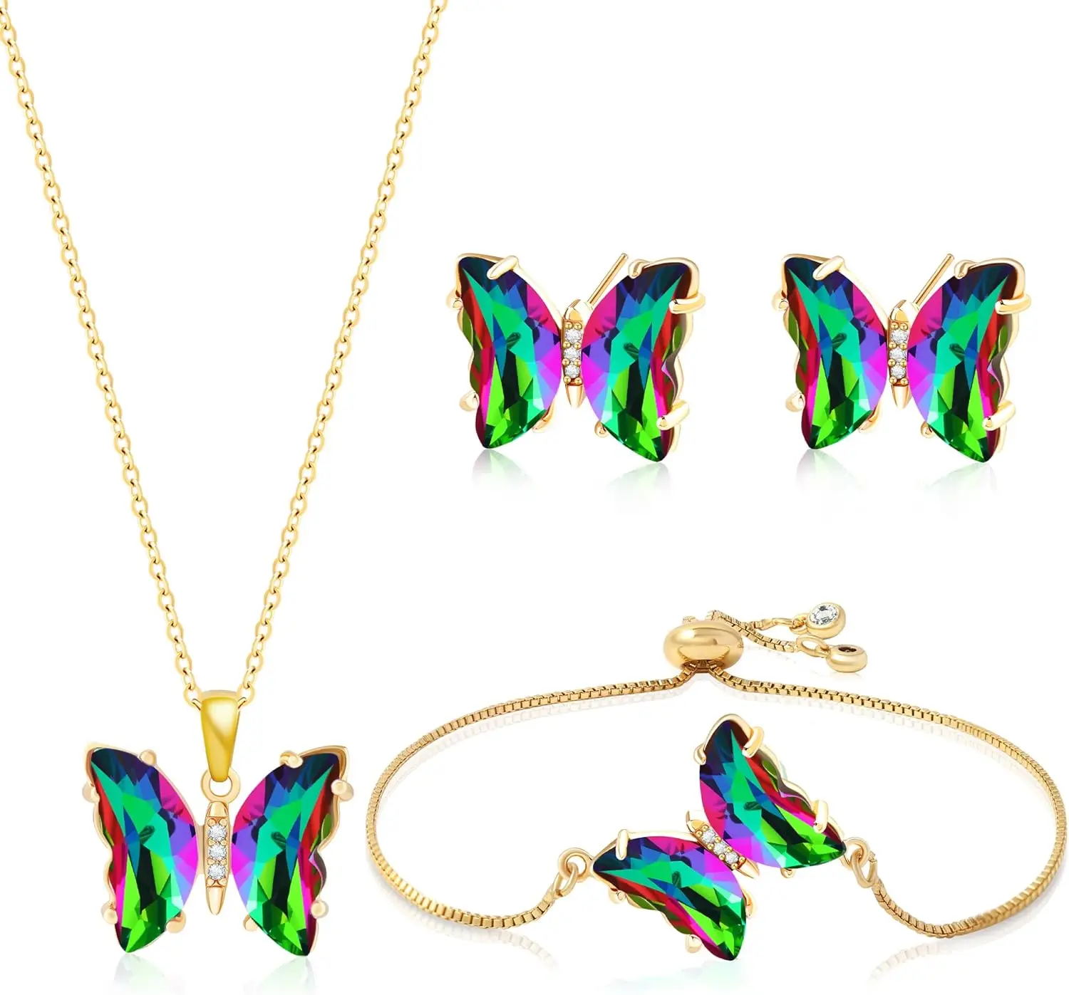 

Набор украшений Miss Right Butterfly Crystal: колье с бабочкой, серьги-гвоздики, браслет-боло, регулируемое кольцо для женщин, переливающийся цвет