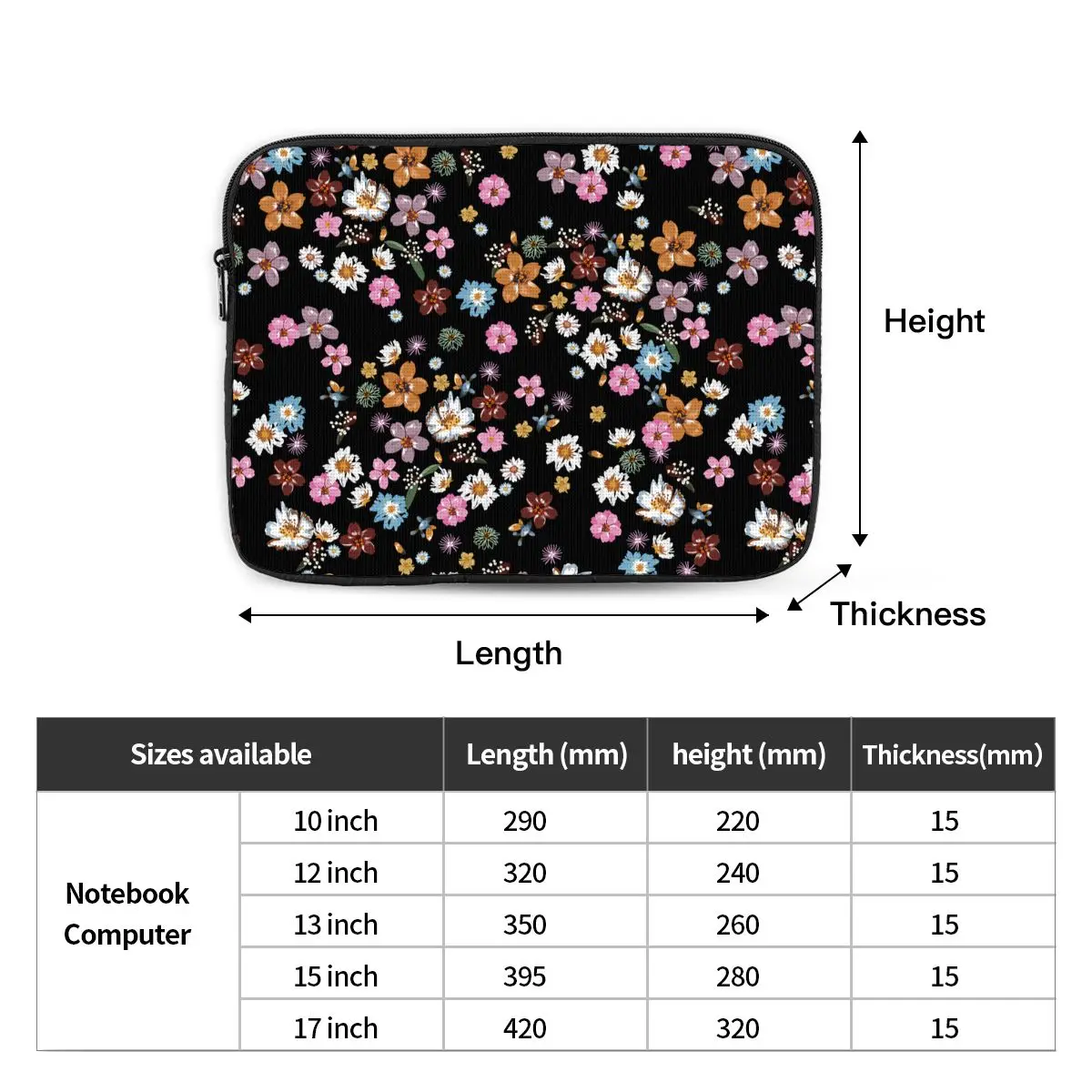 Colorful Flowers Fashion Floral Laptop Bag Case 12 13 15 17 Inch Notebook Sleeve Case Black Pink Wallpaper Shockproof Case Bag