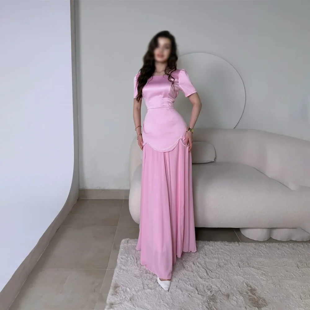 

Pink Elegant Evening Dresses Formal Party Prom Gowns Square Collar Floor-Length A-Line Pearls Evening Prom Dresses Customized