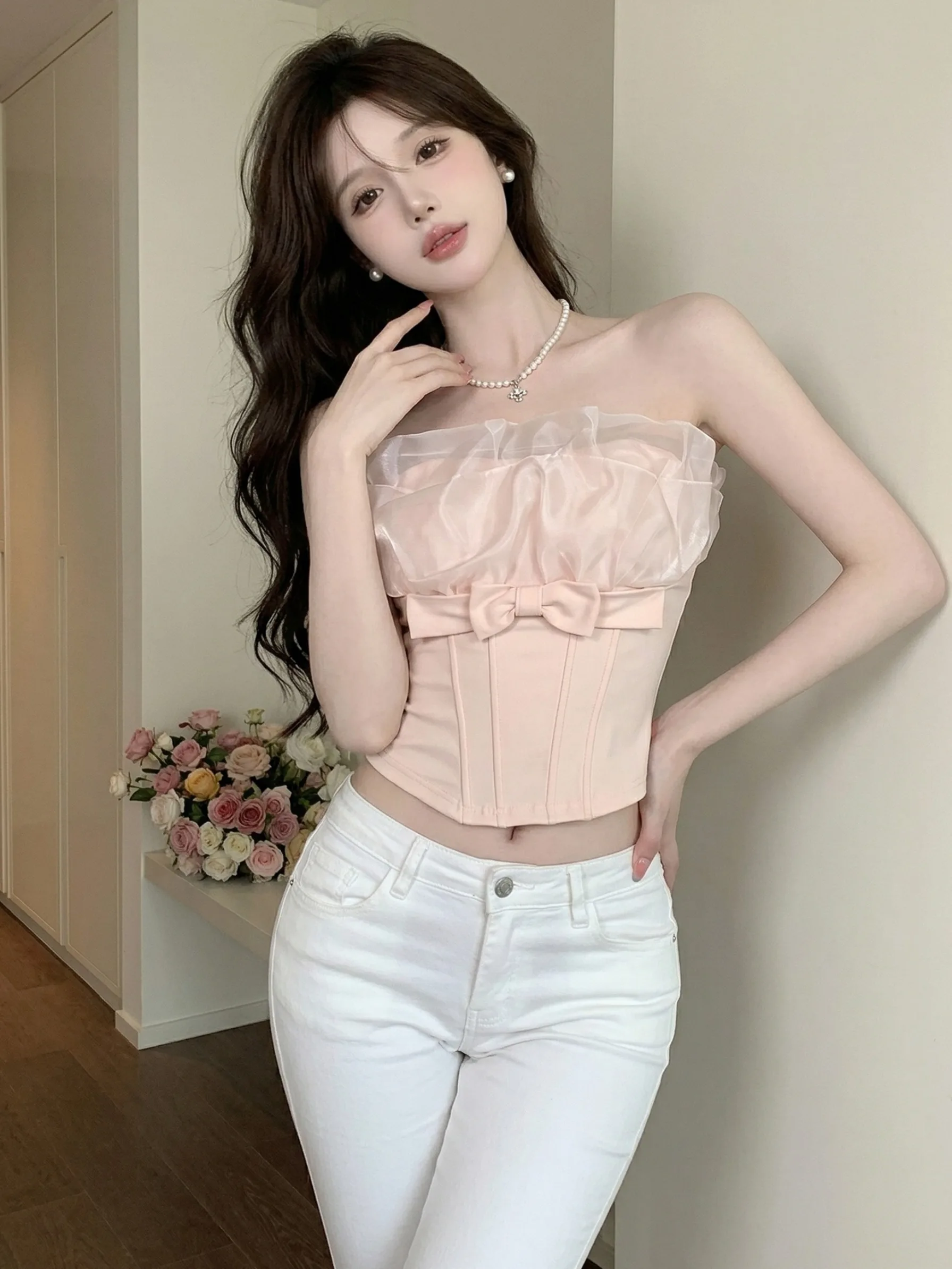 

Sweet Knot Tube Top Women's Summer Pure Desire Waist Cinching Short Strapless Blouse with Chest Pad Folded Design