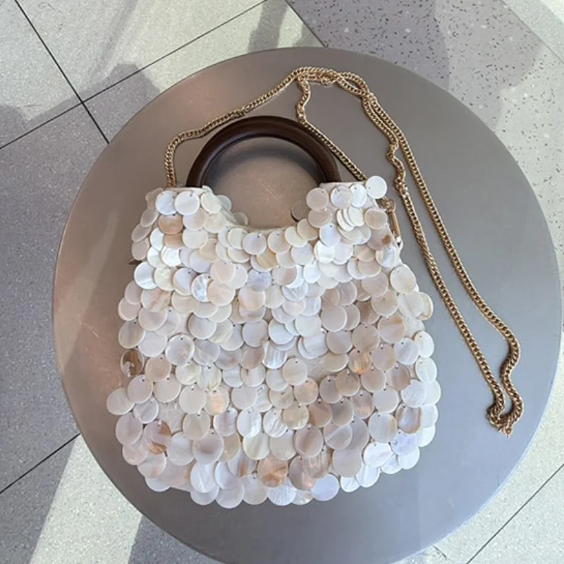 

Модная сумка-ракушка с бисером и деревянной ручкой, элегантная вечерняя женская сумка, повседневная сумка через плечо