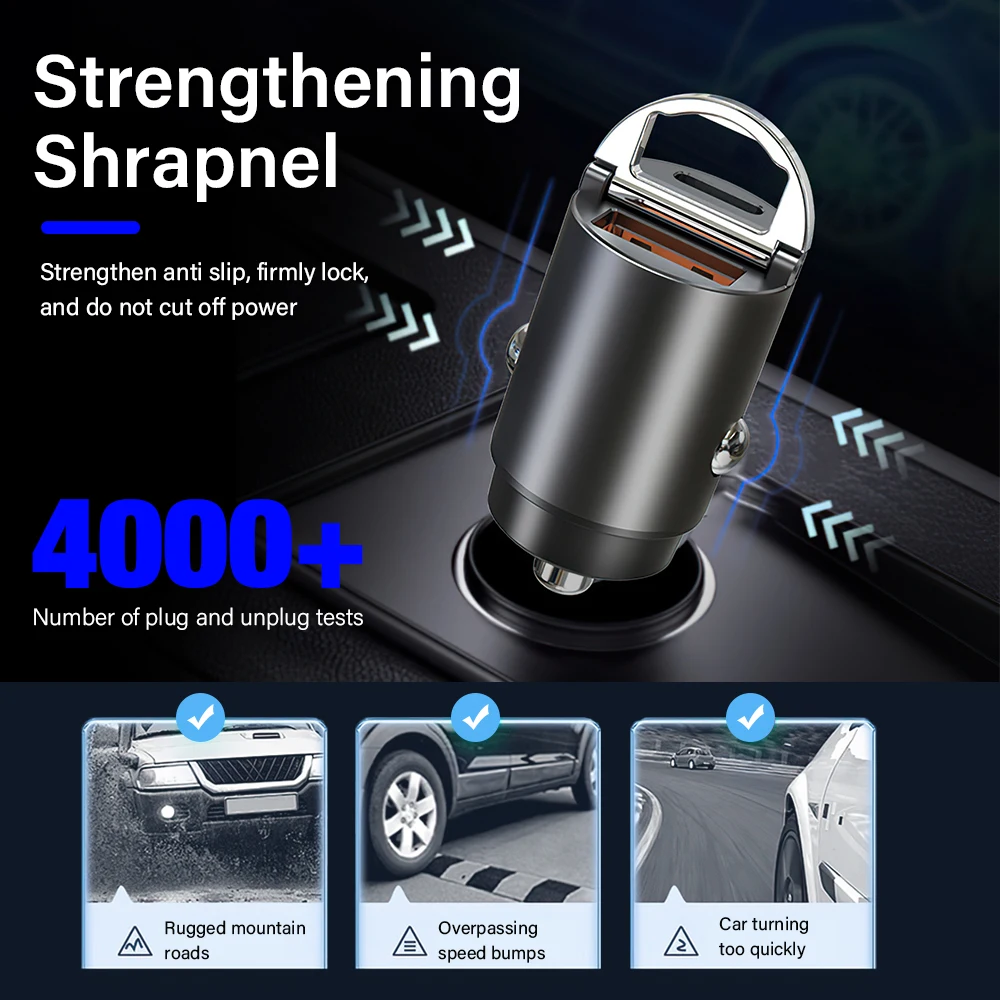 45W Mini Car Charger Dual Ports Pull Ring Fast Charge USB Type C PD30W QC3.0 Car Adapter for iPhone 14 13 12 Xiaomi Samsung S23