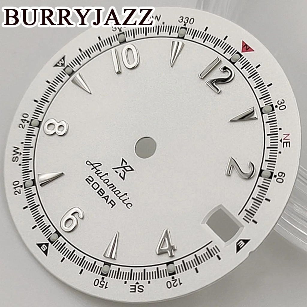 BURRYJAZZ 28.5mmNo Logo NH35 Watch Dials Green White Dial Green Luminous Fit 3 O\'clock 3.8 O\'clock Case Crown