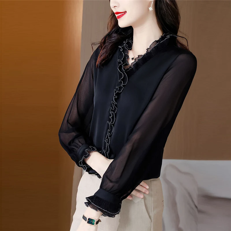 Women Ruffles V Neck Elegant Blouse New Korean Fashion Long Sleeve Business Casual Office Lady Shirt Solid Slim Chic Tops Blusas