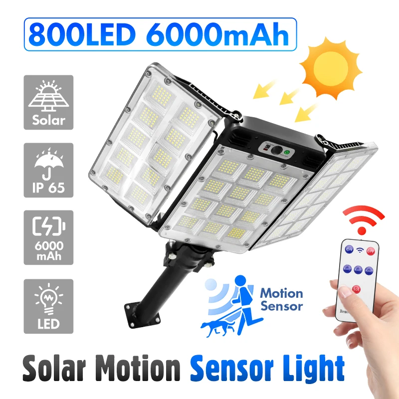 800 LED Super Bright Outdoor Solar Street Lights,6000mAh Motion Sensor Panel Waterproof Solar Power Light,Yard Garden Wall Light