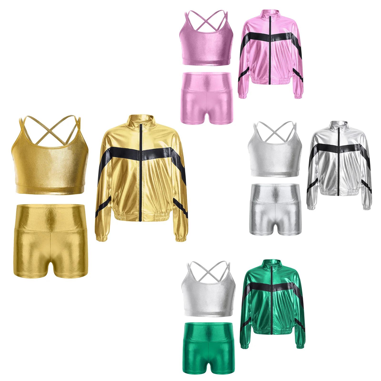 3Pcs Kids Girls Jazz Dance Hip-Hop Street Modern Dance Sports Outfit Long Sleeve Metallic Zipper Jacket with Camisole And Shorts