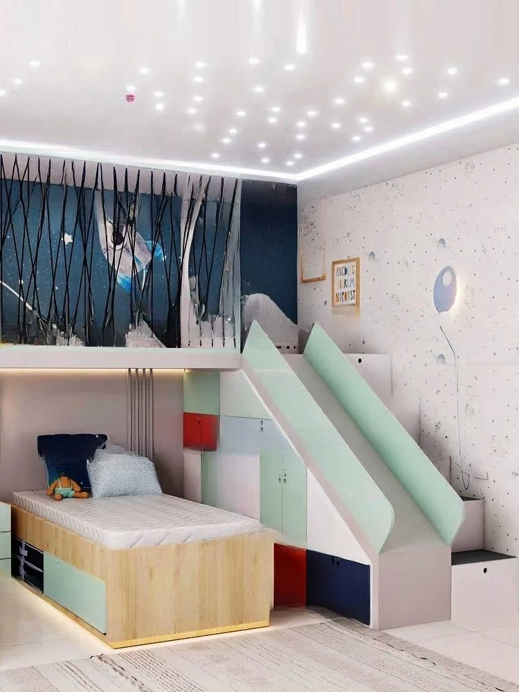 Tempat tidur twin, ruang kamar anak laki-laki dengan tempat tidur susun, rumah bermain anak dengan seluncuran