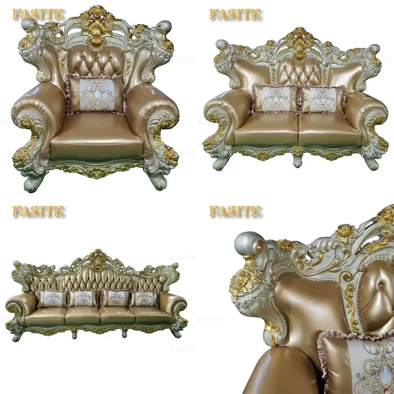 For European Royal Style Living Room Solid Wood Carved Leather Sectional Sofa Set 1 2 4 Seater Luxury Couch Furniture