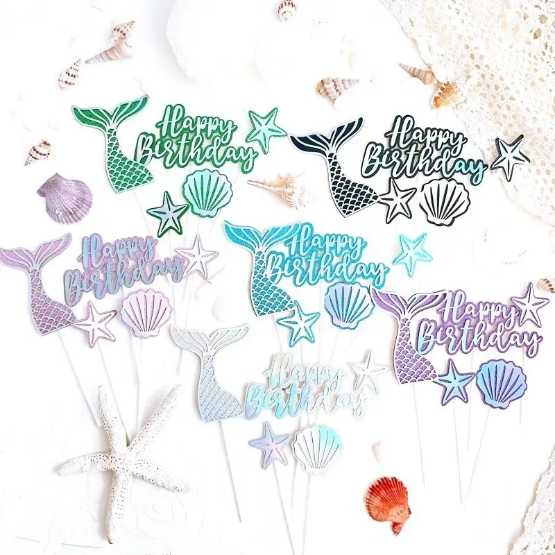 Mermaid Girls Cake Decoration Shell Starfish Conch Mermaid Tail Cupcake Topper Happy Under the Sea Theme Birthday Party Decor