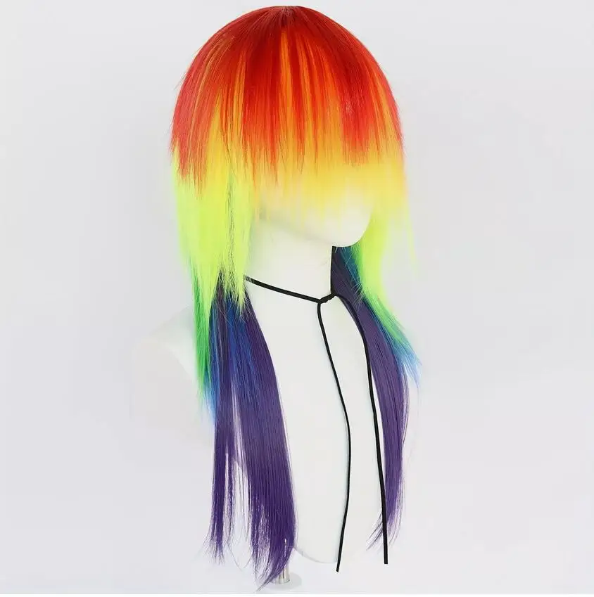 Long Straight Rainbow fibra sintética cabelo perucas, perucas Cosplay, em camadas