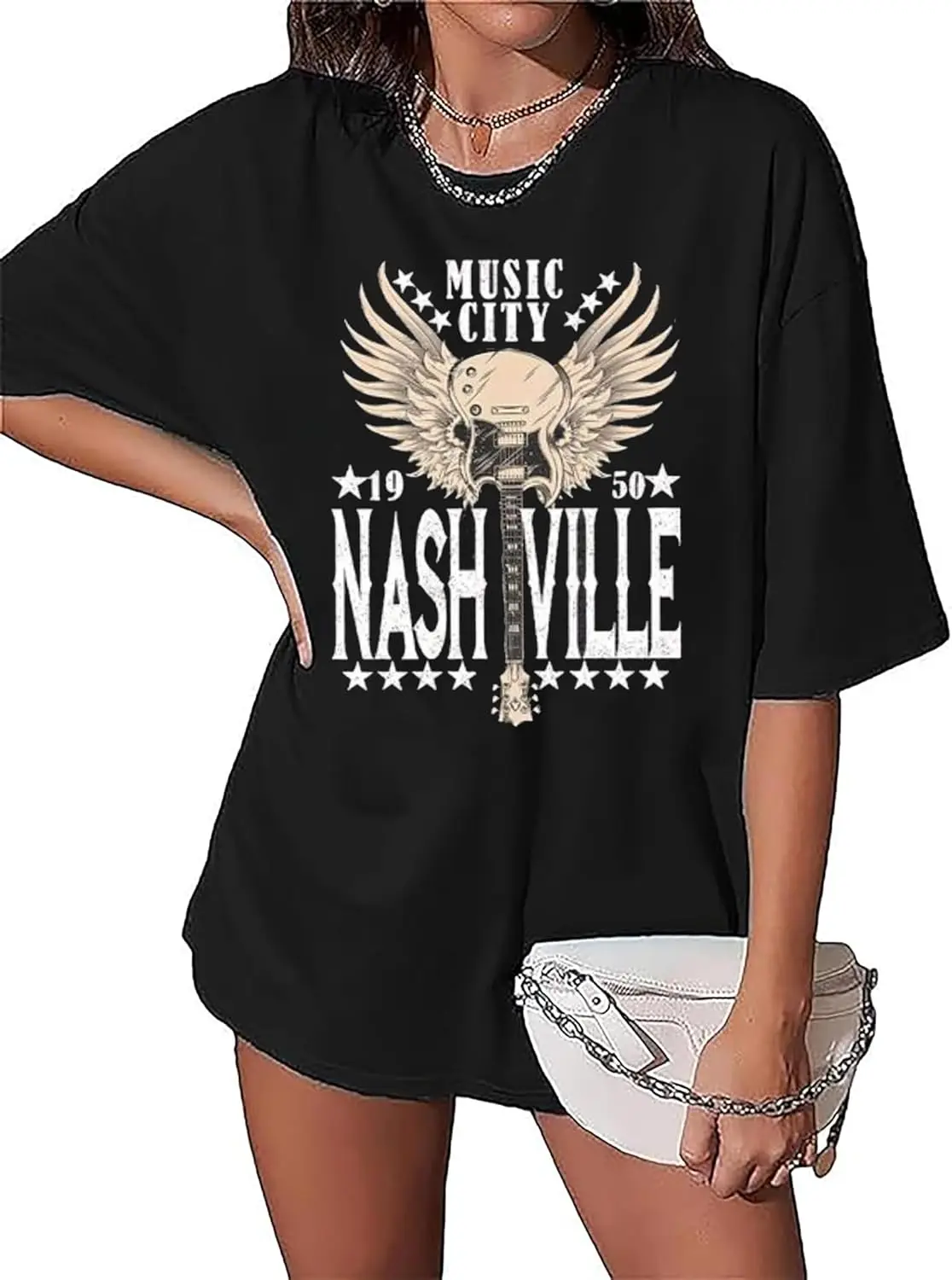 Nashville Music City T-Shirt for Women Country Music Oversized Shirt Rock Band Tshirt Vintage Guitar Graphic Tees Tops