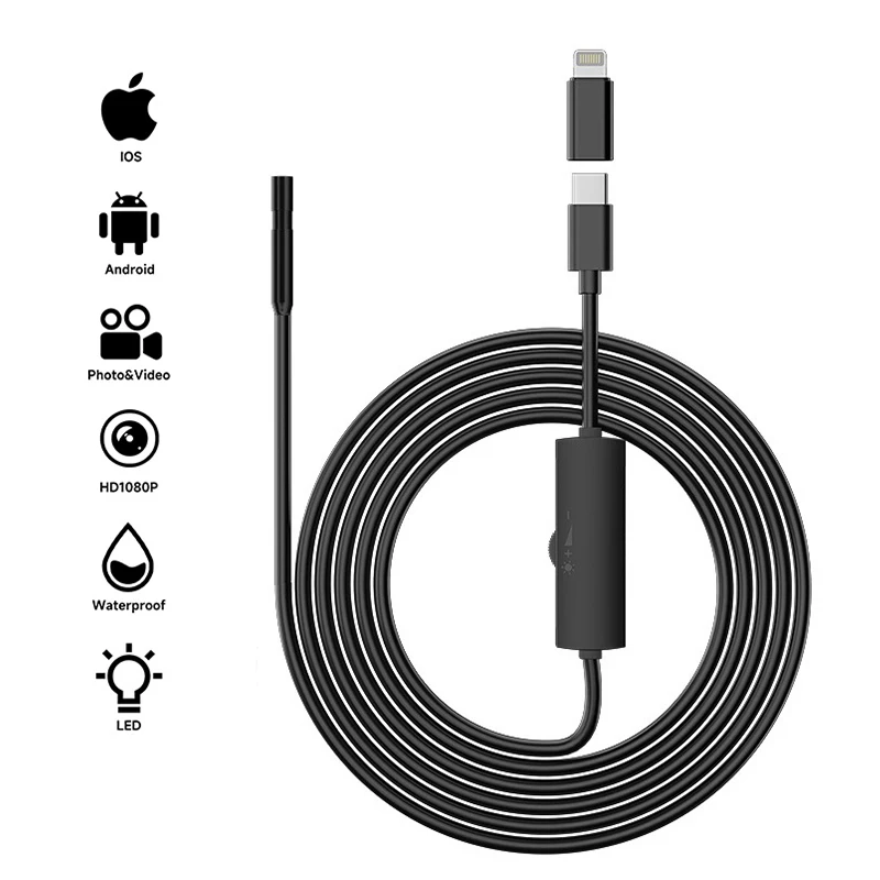 Industrial Endoscope HD1080P TYPE-C Wired Camera for IOS IPhone Ipad Android Phones LED Waterproof Car Pipe Inspection Borescope