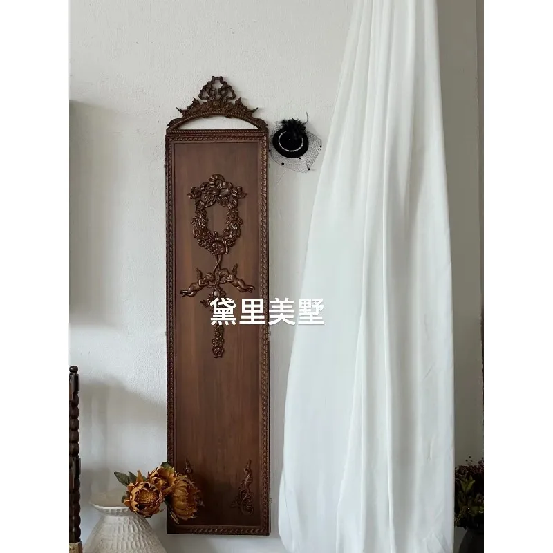 French retro three-fold full-length mirror solid wood carving flower full-length mirror medium antique small apartment clothing