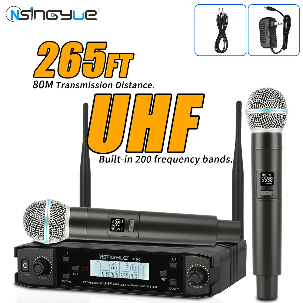 ميكروفون لاسلكي UHF المهنية ميكروفون ديناميكي ثنائي القناة لخطاب الزفاف الكنيسة تظهر حفلة المنزل Karaok ، UX-200