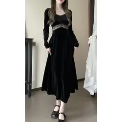 Velvet Knee Length Long Skirt for Women's Autumn and French Princess Temperament Waist Cinching and Slimming High-end Dress