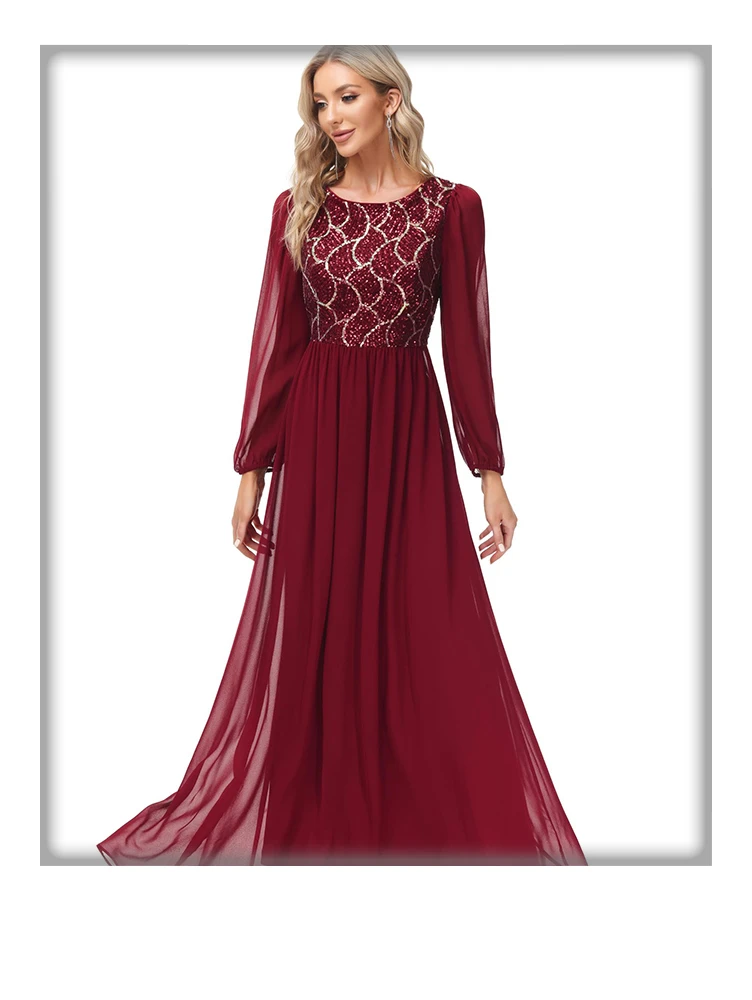 

Evening Dress Slit Long-sleeved Chiffon Spliced Sequin Toast Dress A-line Wide Round Neck V-back Fully Lined Elegant Gown