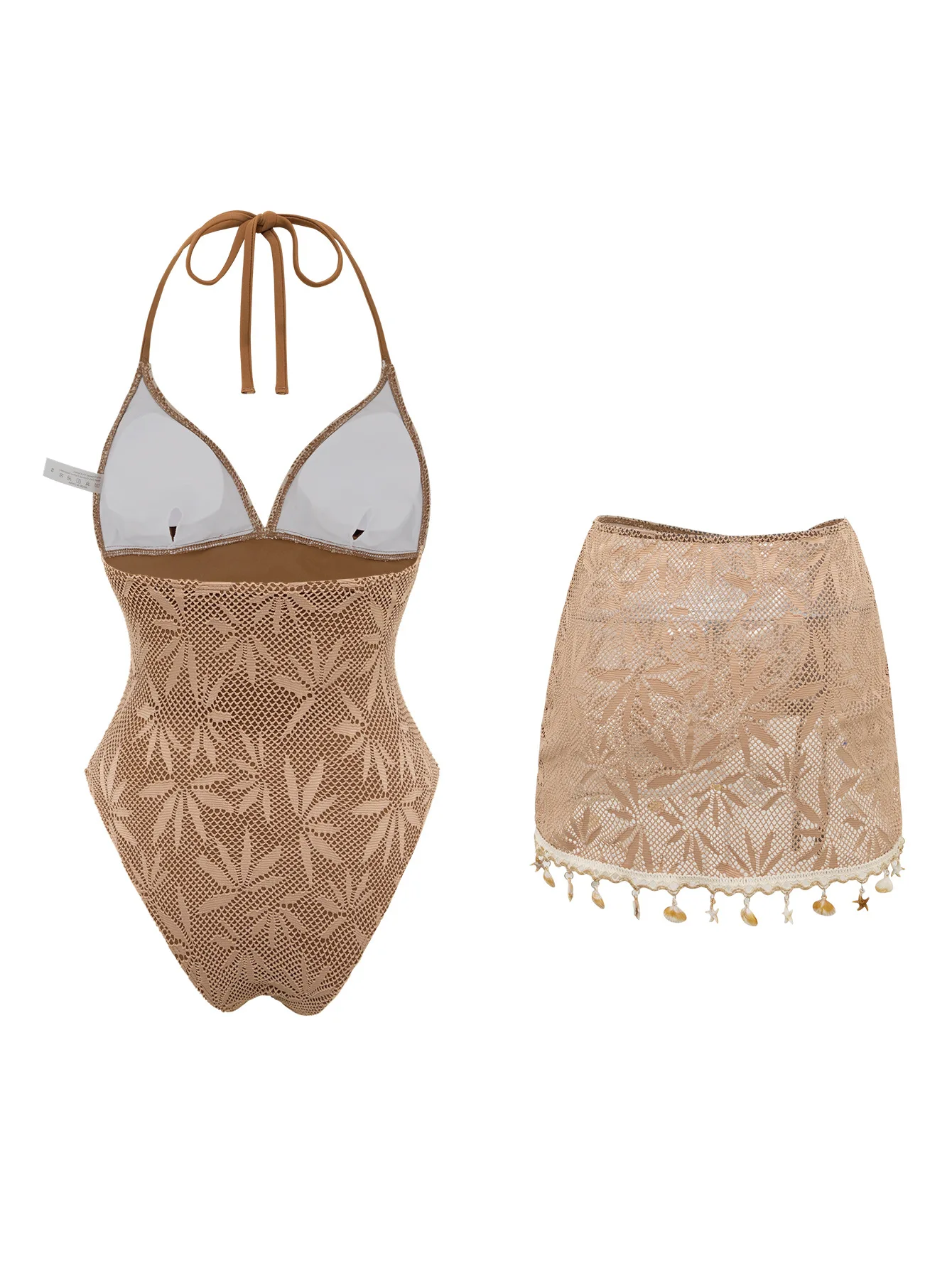sexy mesh hollow out starfish pendant swimsuits bodysuits two pieces with drawstring mini skirt bathing suit swimwear biquini