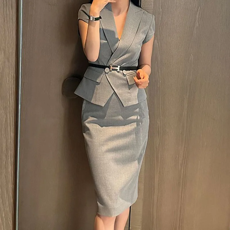 Suit skirt women\'s summer new professional dress slim fashion short sleeve suit slim skirt two-piece suit