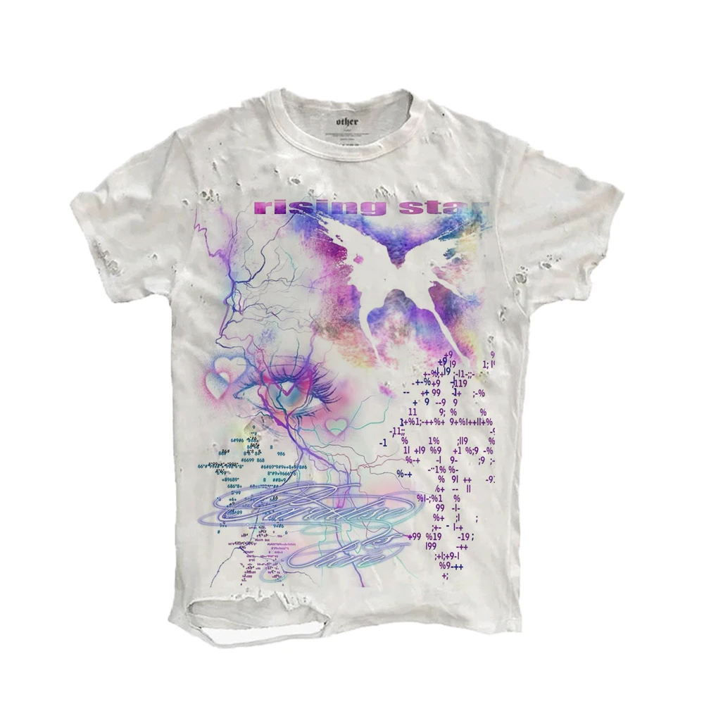 Cyber Future Style Neon Gradient Short Sleeve T-Shirt with Hole Design Breathable Cotton Casual Vintage round Neck Top