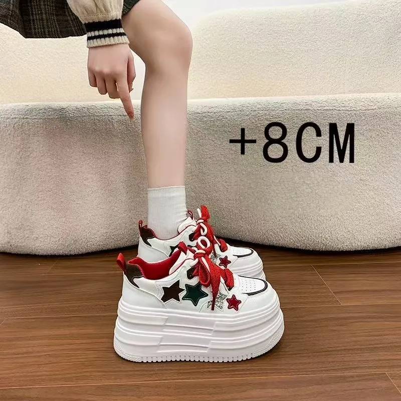 

8cm Comfortable Platform Sneakers for Women Genuine Leather Women Vulcanized Shoes Platform High Heels Casual Shoes