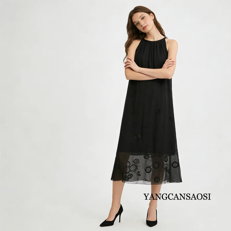 2026 primavera/verão novas roupas femininas sólido bordado natural amoreira seda pendurado pescoço dupla camada moda vestido