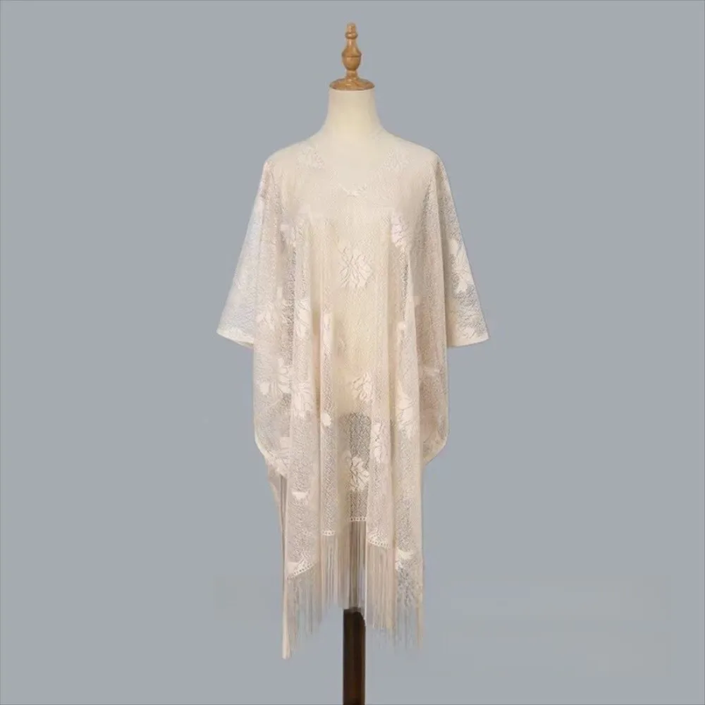 

Trendy Elegant Lace Floral Shawl Rose Embroidery Tassel Design Sun Protection Scarf Breathable Beach Cover-Up Outdoor Activities