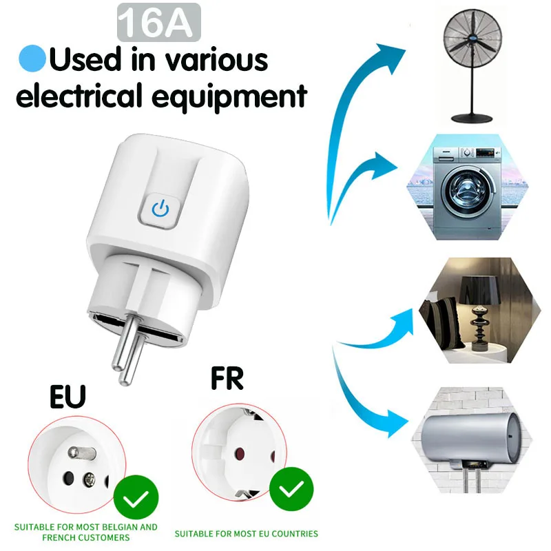 Interruptor de enchufe inteligente con control remoto inalámbrico, enchufes eléctricos de encendido y apagado, 220V, 16A, enchufe europeo FR para