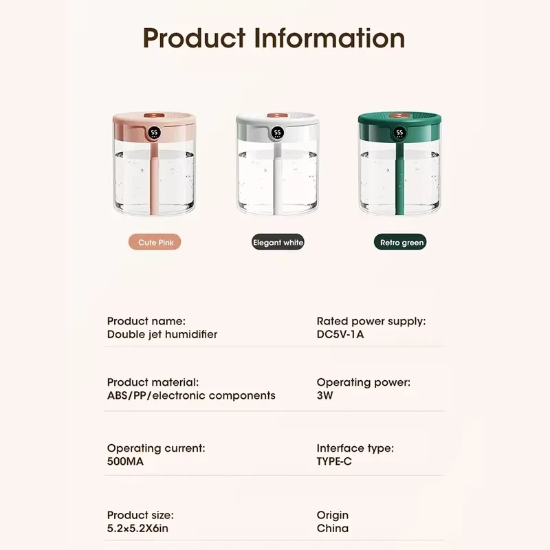Silent 2000ML Double Nozzle Mini Air Humidifier with LED Night Light Essential Oil Aromatherapy for Home