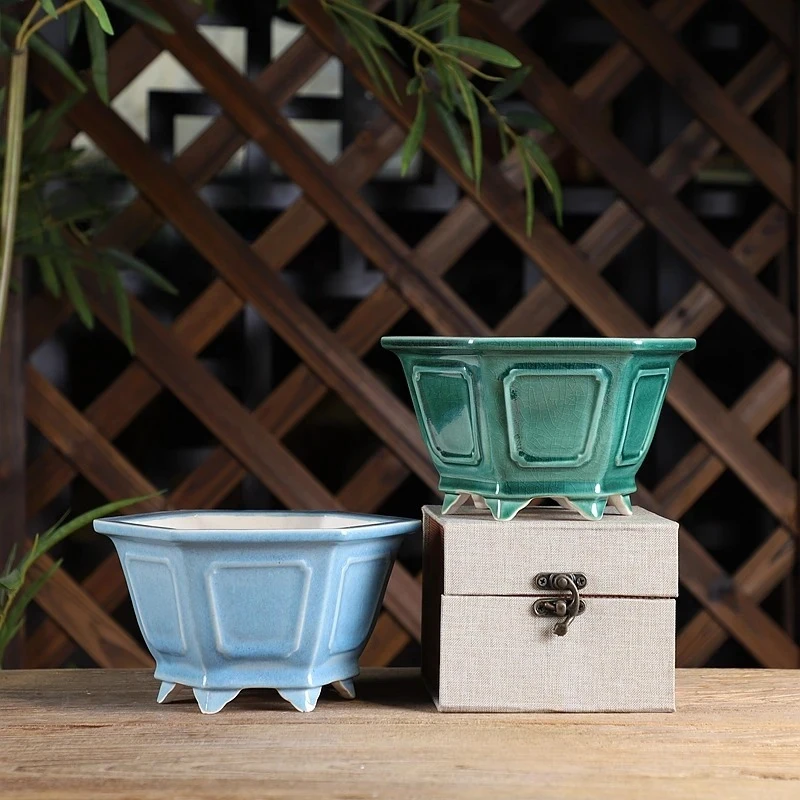 Ceramic Hexagon Flower Carved Bonsai Pot, Colorful Glazed, Traditional Chinese Shape, Garden Decoration