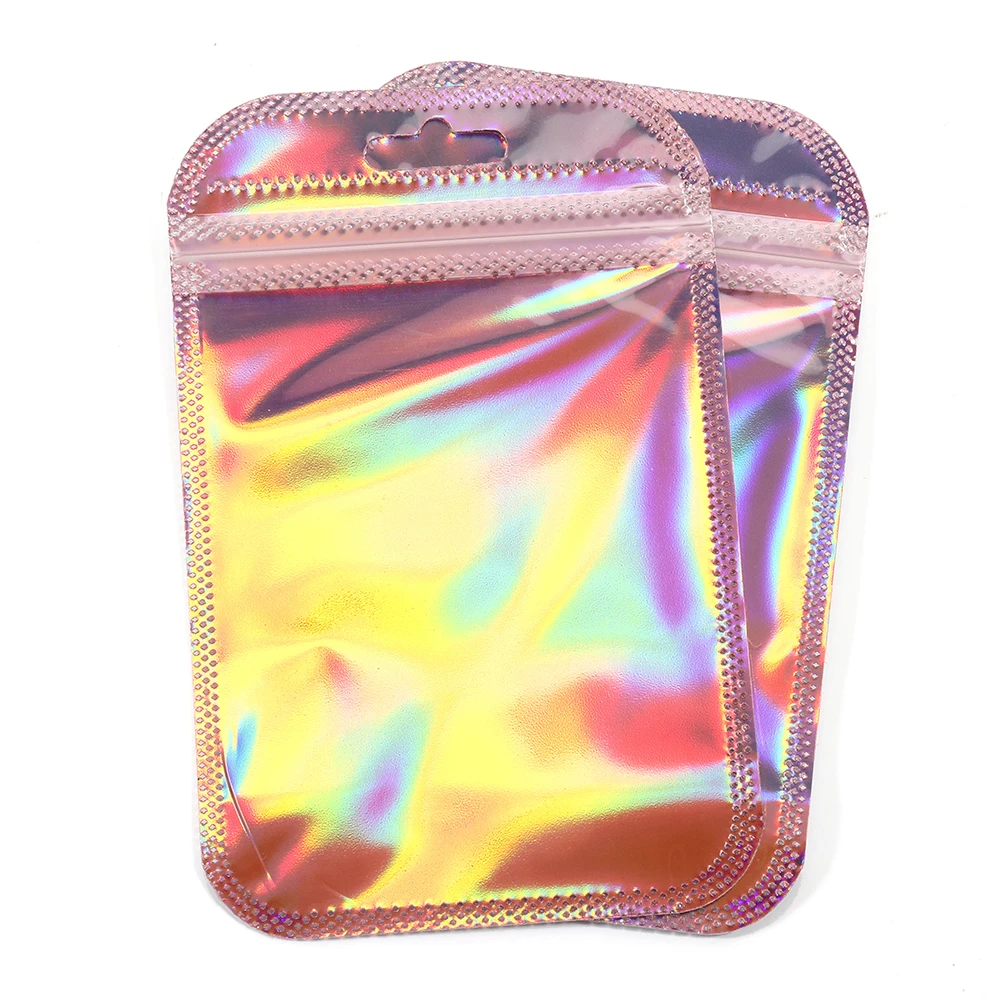 50pcs/lot Pink Laser Ziplock Bags Reusable Plastic Transparent Bags for Jewelry Packaging Cosmetic Retail Display Bags