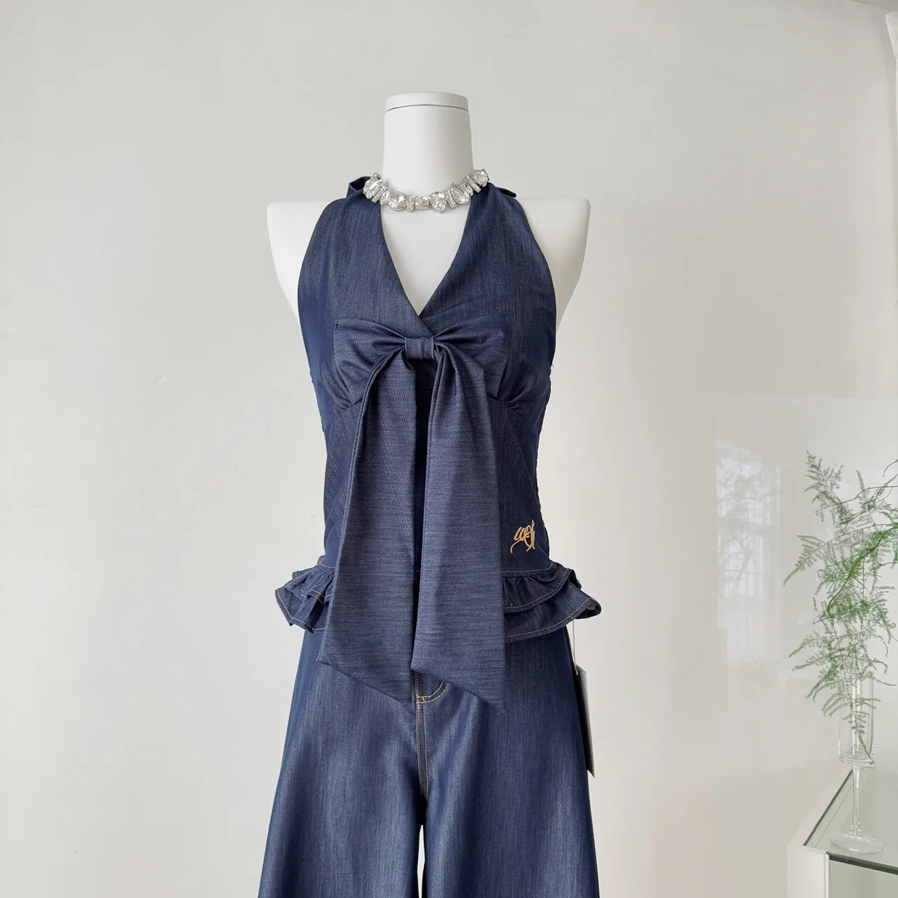 

Summer Commute Casual Women's Knot Ne Hanging Strap Ba High Waist Wide Leg Straight Pants Outfit
