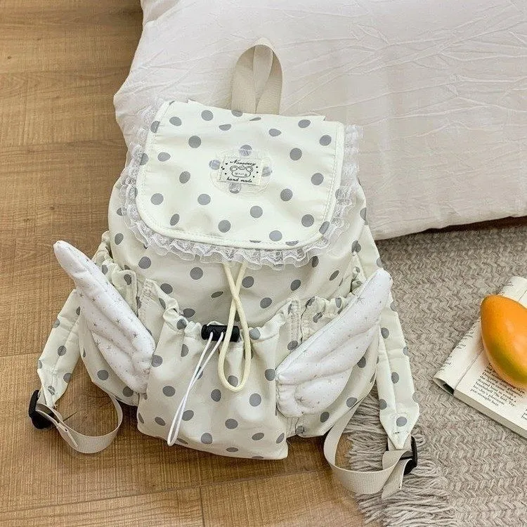 Kawaii Women Polka Dot Drawstring Backpack with Angel Wings Lace Trim Lightweight Nylon School Daypack for Teen Girls Travel