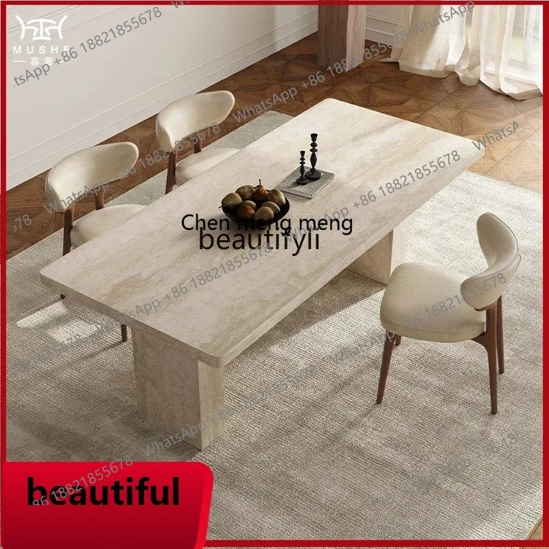 

X French retro travertine rock slab dining table and chair combination modern designer medieval dining table